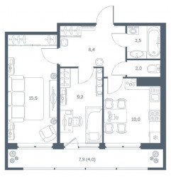 Двухкомнатная квартира 52.1 м²