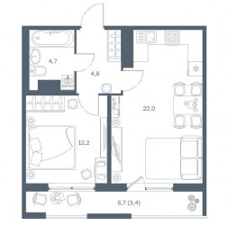 Однокомнатная квартира 47.1 м²